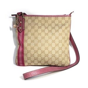 Gucci Beige Monogram Canvas Crossbody with Pink Leather Trim